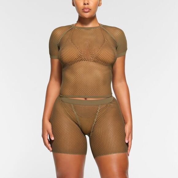 Skims Shorts‎ Plus 2X-4X Warp Knit Cover Up Swim Seamless Perforated Army Green - Picture 1 of 11